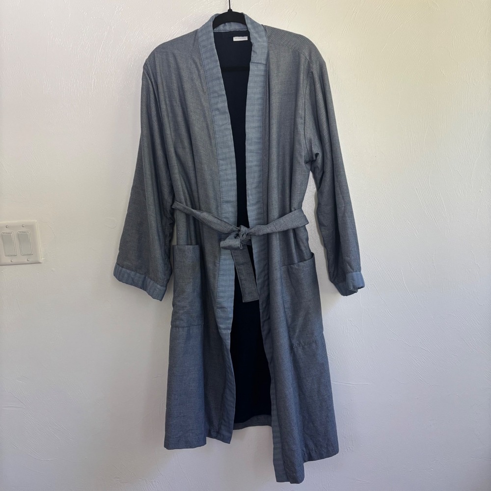 Yves Delorme Luxury Blue Bathrobe Lounge Robe Belted Pockets Model Déposé Soft